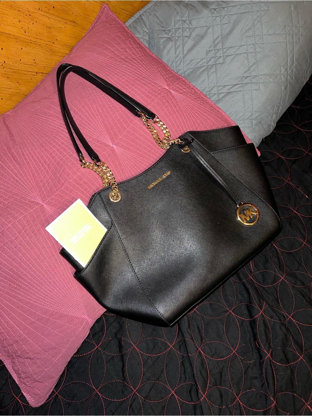 Michael Kors Black Saffiano Tote with Gold Chain Straps